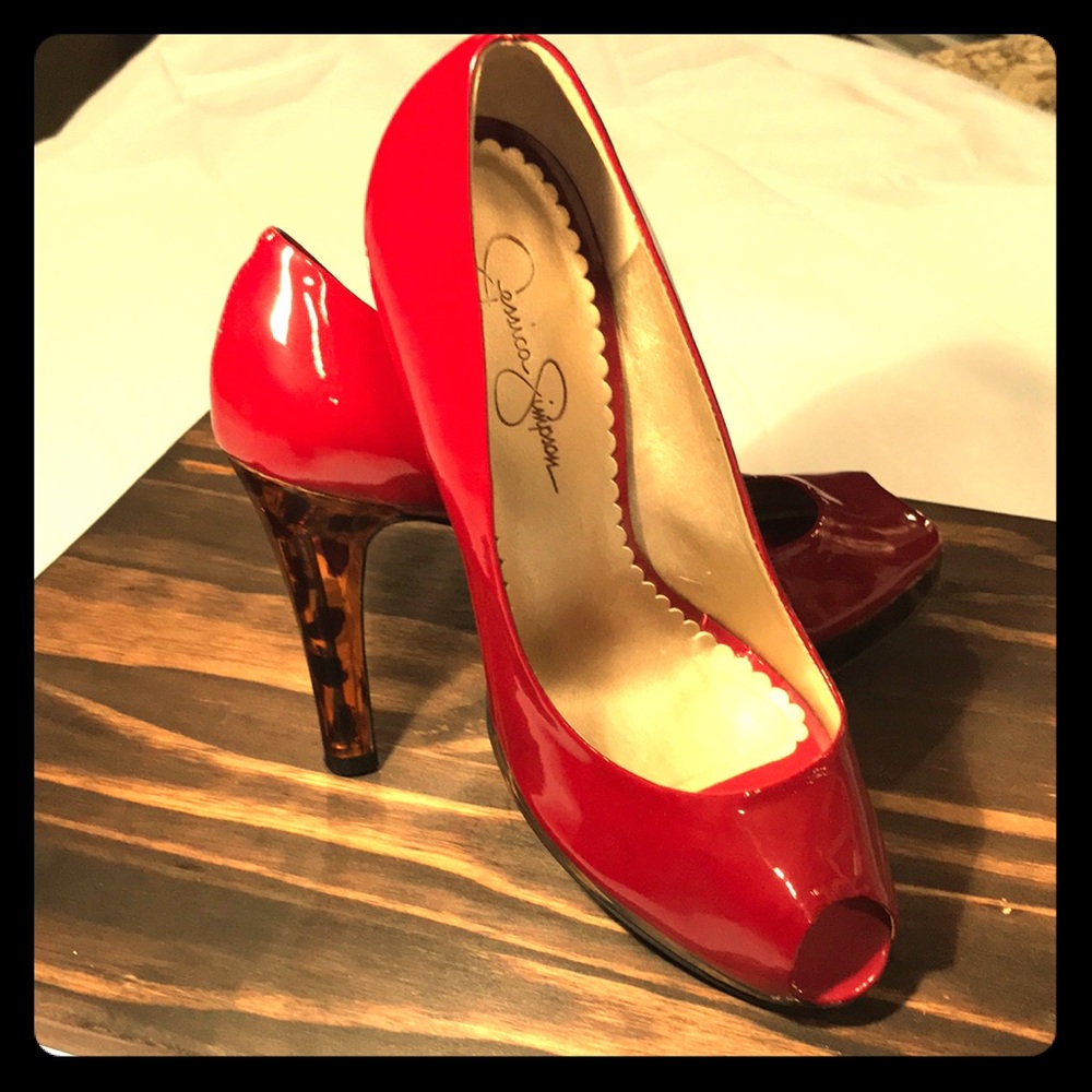 Jessica Simpson red with leopard heels - 8 1/2
